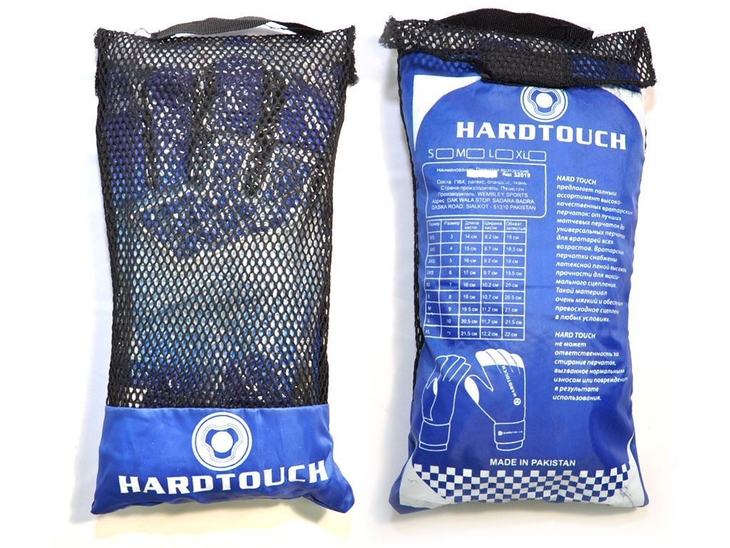 Перчатки вратарские HARD TOUCH. Ладонь – латекс 3 мм, подкладка – спандекс, тыльная сторона из ПВХ. Застежки на липучке. 